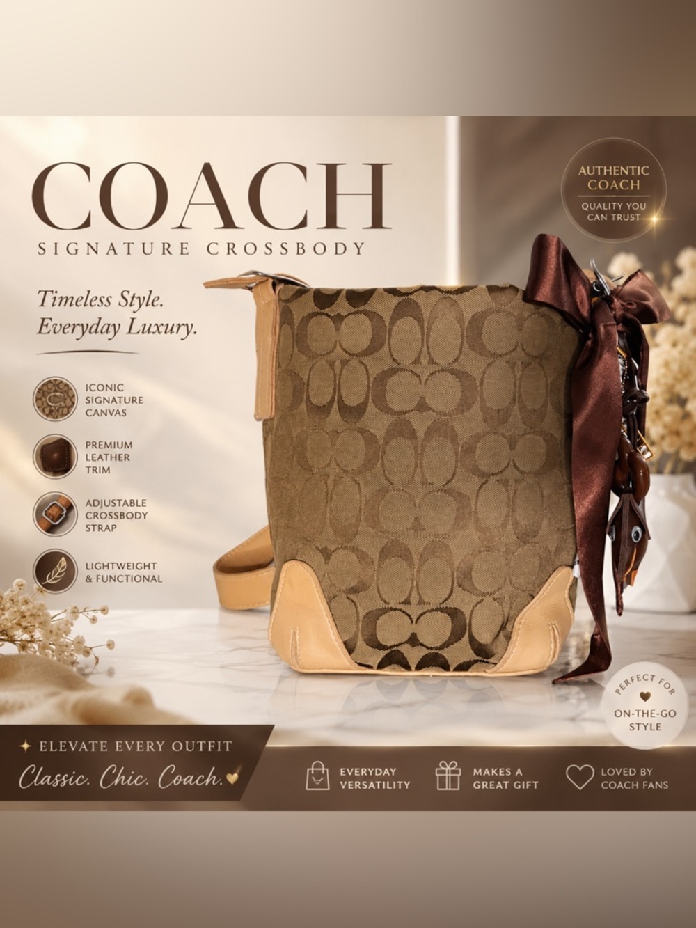 Vintage Coach Brown and Tan Signature Hobo Bag with Satin Bow